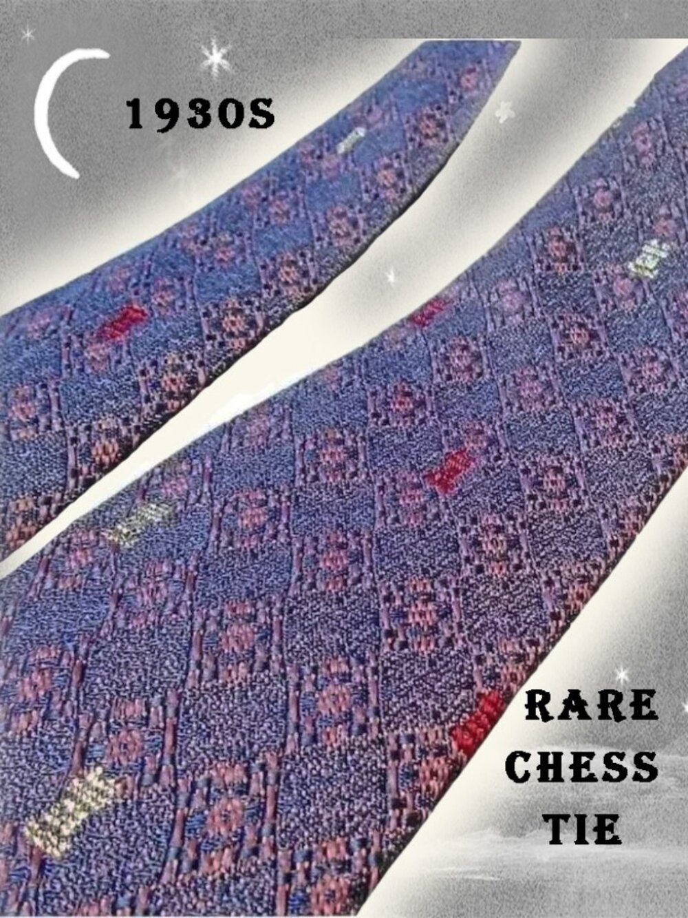 Thin Tie 30s Rare Chess Vintage Necktie with Gold Rooks Slim Narrow